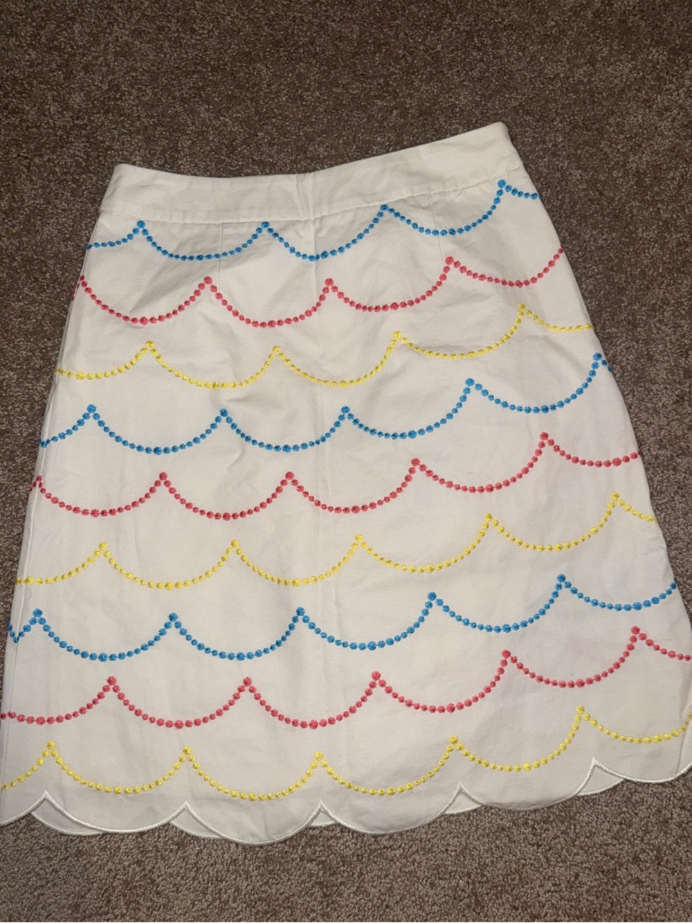 Boden White A-Line Skirt with Blue Pink and Yellow Scallop Embroidery B14